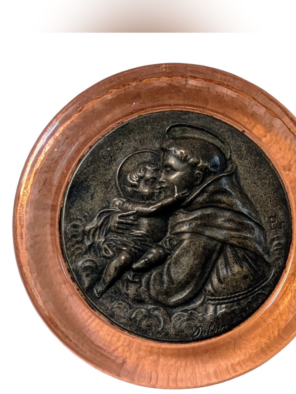 Antique Unique Catholic Desk Icon Paperweight St Anthony Padua Glass Metal